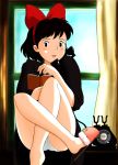  black_hair book bow corded_phone crossed_legs curtain curtains ghibli hair_bow hairband kiki kiki&#039;s_delivery_service legs_crossed majo_no_takkyuubin panties pantyshot phone short_hair sitting slippers studio_ghibli underwear white_panties window 