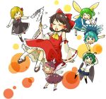  6+girls antennae blonde_hair blue_eyes blush bow brown_hair cape chibi cirno closed_eyes daiyousei detached_sleeves dress fairy_wings gohei green_hair hair_bow hakurei_reimu ice japanese_clothes lowres mashuu_masaki miko multiple_girls mystia_lorelei open_mouth pink_hair rumia side_ponytail team_9 touhou wings wriggle_nightbug 