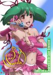  brown_eyes fang green_hair macross macross_frontier microphone midriff ranka_lee short_hair signature twintails 