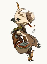  1boy beak bird_boy blue_eyes closed_mouth commentary_request furry furry_male highres male_focus rito shogo_(shogo70449442) signature simple_background solo talons the_legend_of_zelda the_legend_of_zelda:_breath_of_the_wild tulin_(zelda) white_background 