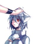  blush fang inubashiri_momiji long_sleeves onimaru_gonpei petting red_eyes short_hair touhou white_hair wolf_ears 