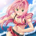  blush cloud clouds green_eyes kutsuno long_hair macross macross_7 mylene_jenius ocean pink_hair sea sky swimsuit 