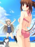  adjusting_swimsuit ass beach bikini blonde_hair brown_hair dog hinata_nao little_busters! little_busters!! long_hair looking_back natsume_rin noumi_kudryavka one-piece_swimsuit outstretched_arms ponytail red_eyes school_swimsuit spread_arms strelka swimsuit wolf 