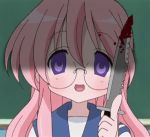  combat_knife glasses jpeg_artifacts jungle_knife knife lowres lucky_star photoshop pink_hair purple_eyes school_uniform takara_miyuki violet_eyes yandere 