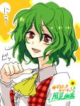  character_name green_hair kazami_yuuka lowres plaid_vest popoin red_eyes short_hair slit_throat_(gesture) smile touhou translated 