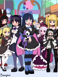  6+girls absurdres amane_misa black_dress black_hair black_thighhighs blonde_hair blunt_bangs boku_wa_tomodachi_ga_sukunai bongfill boots brown_hair date_a_live death_note dress fang food frilled_dress frills gate_-_jieitai_ka_no_chi_nite_kaku_tatakaeri gokou_ruri gothic_lolita hasegawa_kobato heterochromia highres holding holding_food holding_stuffed_toy lolita_fashion long_hair looking_at_viewer mole mole_under_eye multiple_girls ore_no_imouto_ga_konna_ni_kawaii_wake_ga_nai panty_&amp;_stocking_with_garterbelt red_eyes rory_mercury rozen_maiden shalltear_bloodfallen spiked_legwear stocking_(psg) stuffed_toy suigintou thigh-highs tokisaki_kurumi twintails violet_eyes 