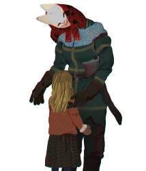  2girls ^_^ age_difference axe bad_id bad_tumblr_id black_gloves blonde_hair blue_scarf cat_mask child chromatic_aberration closed_eyes coat dead_by_daylight feet_out_of_frame floral_print_scarf fringe_trim from_behind fur-trimmed_gloves fur_trim gloves green_coat green_skirt head_tilt headscarf height_difference highres leggings mask medium_hair mittens multiple_girls pants red_headscarf red_sweater sakakikaga scarf simple_background skirt smile sweater the_huntress_(dead_by_daylight) vine_print white_background winter_clothes 