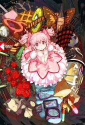  1girl absurdly_detailed_composition blush bow bubble_skirt building choker collarbone commentary complex_exterior dress flower frilled_skirt frills full_body gloves hair_bow highres kaname_madoka kaname_madoka_(magical_girl) looking_at_viewer magical_girl mahou_shoujo_madoka_magica open_mouth pink_bow pink_dress pink_eyes pink_hair red_choker red_flower red_rose rose short_dress short_hair short_sleeves skirt solo standing taka.yana twintails twitter_username white_gloves white_skirt 
