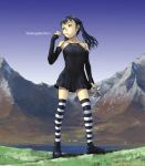 black_hair bottle detached_sleeves lake long_hair looking_up mountain mountains pocky sky striped striped_legwear striped_thighhighs thigh-highs thighhighs twintails yoneda_taishou zettai_ryouiki 