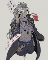  1boy artist_name ascot blue_ascot card closed_mouth cropped_legs dated final_fantasy final_fantasy_vi gold_trim grey_background grey_hair grey_jacket grey_pants hand_on_own_hip holding holding_card jacket long_hair male_focus multiple_scars one_eye_covered pants sash scar scar_on_cheek scar_on_chin scar_on_face scar_on_forehead setzer_gabbiani sharp_na_ago shirt solo twitter_username waist_sash watermark wavy_hair white_shirt 