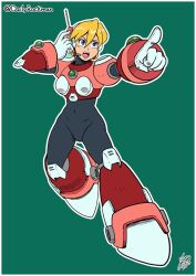  alia_(mega_man) android arm_guards armor armored_boots black_bodysuit blonde_hair blue_eyes bodysuit boots bracer breastplate chest_jewel cuirass dailyrockman elbow_pads gauntlets gloves green_background hair_between_eyes headphones joints knee_boots knee_pads mechanical_arms mechanical_boots mega_man_(series) mega_man_x_(series) open_mouth plate_armor pointing radio_antenna robot_girl robot_joints shoulder_armor simple_background 