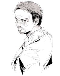  1boy ace_visconti beard cheekbones collared_shirt connected_beard cropped_shoulders dead_by_daylight embarrassed english_commentary facial_hair furrowed_brow greyscale highres kawarayane looking_at_viewer looking_back male_focus mature_eyes mature_male monochrome parted_lips portrait shirt short_hair sideburns simple_background sketch solo stubble sweatdrop tumblr_username very_short_hair white_background wrinkled_skin 