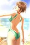  back beach brown_hair butt_crack choker cloud collar erect_nipples from_behind game_cg highres lipstick looking_back mikami_yuuki nakamura_nishiki night_of_blind one-piece_swimsuit purple_eyes short_hair sky sodom_no_shima solo swimsuit violet_eyes water 