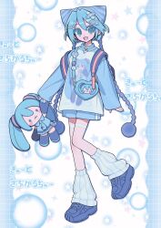  1girl :d absurdres animal_ear_headwear backpack bag bandaid bandaid_hair_ornament blue_eyes blue_hair blue_shirt blue_shoes blue_shorts character_doll character_print commentary_request doll fang full_body hair_ornament hatsune_miku highres holding holding_stuffed_toy long_hair long_sleeves looking_at_viewer loose_socks nankai_(nankai_san) open_mouth print_shirt ribbed_socks shirt shoes shorts smile sneakers socks solo standing star_(symbol) stuffed_toy text_hair_ornament vocaloid white_background white_socks 