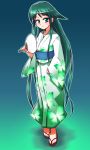  green_eyes green_hair japanese_clothes kimono long_hair paper_fan sandals saya saya_no_uta solo uchiwa very_long_hair yn1982 yukata 