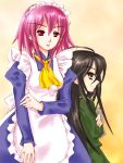  back_to_back black_hair brown_eyes long_hair maid piku pink_eyes pink_hair school_uniform shakugan_no_shana shana short_hair wilhelmina_carmel 