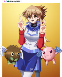 1boy 1girl arms_behind_back blonde_hair blue_skirt blush brown_hair couple cute cyber_petit_angel deviantart_username duel_academy_uniform_(yu-gi-oh!_gx) happy hug_from_behind multicolored_hair red_jacket simple_background sincity2100 sleeveless_shirt tenjouin_asuka winged_kuriboh yu-gi-oh! yu-gi-oh!_gx yuu-gi-ou yuu-gi-ou_gx yuuki_juudai