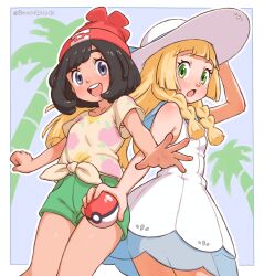  2girls beachepisode beanie black_hair blonde_hair blue_eyes blunt_bangs blush braid breasts collared_dress commentary dress green_eyes green_shorts hat highres holding holding_poke_ball lillie_(pokemon) long_hair looking_at_viewer multiple_girls open_mouth poke_ball poke_ball_(basic) pokemon pokemon_sm red_hat selene_(pokemon) shirt short_hair short_sleeves shorts sleeveless sleeveless_dress smile sun_hat sundress tied_shirt twin_braids white_dress white_hat yellow_shirt 