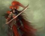  arm_guard armor artist_request brown_eyes brown_hair conquerer headdress red samurai standing sword wallpaper warrior weapon 