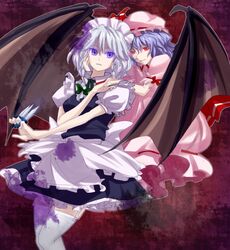  between_fingers blue_hair braid hat izayoi_sakuya kamokai knife maid remilia_scarlet ribbon short_hair silver_hair touhou twin_braids wings 