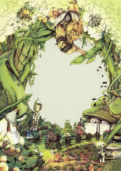  &gt;_&lt; 1girl 2boys 2others axe bag basket bed_sheet bird bird_nest black_eyes blush brown_facial_hair brown_hair brown_pants brown_shoes carrot castle chicken clawed_feet clouds coin commentary_request dress duck egg facial_hair falling fence from_behind frown garden giant grass green_hat grey_background hat highres holding holding_axe jack_(fairy_tale) jack_and_the_beanstalk laundry_pole looking_down looking_up moss multiple_boys multiple_others muscular muscular_male musical_note pants pea_pod plant red_dress red_vest rock rooster rooster_comb shirt shoes sign simple_background toga tomohito vest vines white_shirt 