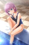  1girl blue_eyes breast_press competition_swimsuit highres one-piece_swimsuit original pink_hair poolside short_hair swimsuit takuya_kame 