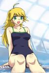  blonde_hair breasts green_eyes hoshii_miki idolmaster long_hair michael one-piece_swimsuit open_mouth pool swimsuit 