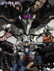  2girls black_bow blue_eyes bow crown fate/grand_order fate_(series) fujimaru_ritsuka_(female) hair_between_eyes hair_bow highres long_hair mini_crown mogukong_1238 morgan_le_fay_(fate) morgan_le_fay_(second_ascension)_(fate) multiple_girls orange_hair ponytail pumpkin short_hair sitting stomach_tattoo tattoo white_hair 