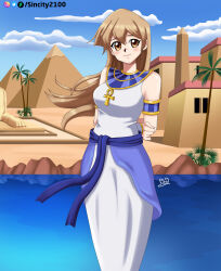 1girl arms_behind_back blonde_hair blush cute deviantart_username egyptian_architecture egyptian_clothes gold house long_hair long_skirt palm_tree pyramid sincity2100 smile tenjouin_asuka yu-gi-oh! yu-gi-oh!_gx yuu-gi-ou yuu-gi-ou_gx