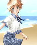  beach blonde_hair ocean plaid plaid_skirt short_hair skirt smile tartan 