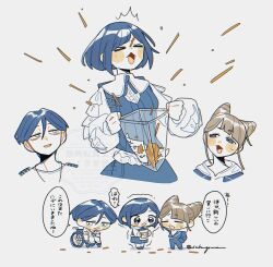  &gt;_&lt; 1boy 2girls ^^^ blush chibi closed_eyes collared_shirt commentary_request cone_hair_bun double_bun dropped_food failure food food_packaging frilled_shirt frilled_sleeves frills fukurai_azami hair_between_eyes hair_bun jasmine_(toshi_densetsu_kaitai_center) limited_palette long_sleeves looking_at_another meguriya_ayumu multiple_girls multiple_views open_mouth opening partially_colored saba_goma shirt short_hair sitting smile speech_bubble standing sweatdrop tearing_up toshi_densetsu_kaitai_center translation_request trembling wheelchair 