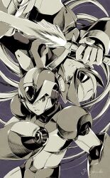  2boys android arm_cannon armor energy_sword forehead_jewel fujino_yuuki greyscale helmet highres holding holding_sword holding_weapon long_hair looking_at_viewer male_focus mega_man_(series) mega_man_x_(series) monochrome multiple_boys rotational_symmetry sword upper_body upside-down weapon x_(mega_man) z_saber zero_(mega_man) 