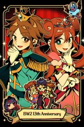  >_< 1brad 2boys 2girls :d bellelba_(pokemon) brown_hair chibi closed_eyes crown double_bun epaulettes gloves hair_bun hashtag-only_commentary highres hugh_(pokemon) jacket long_hair mini_crown multiple_boys multiple_girls nate_(pokemon) open_clothes open_jacket open_mouth pants pointing pokemon pokemon_(creature) pokemon_bw2 pokestar_studios rosa_(pokemon) sabrina_(pokemon) shirt short_sleeves skirt smile sparkle striped_clothes striped_shirt swoobat twintails white_gloves white_shirt 