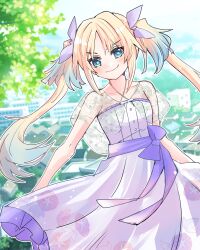 1girl alternate_costume armpit_crease asa_no_ha_(pattern) asagao_reijou_(love_live!) blonde_hair blue_eyes blue_hair breasts capelet collarbone commentary_request cowboy_shot dress fang fang_out frilled_dress frills gradient_hair highres kanduki_kamibukuro link!_like!_love_live! long_dress long_hair love_live! multicolored_hair osawa_rurino outdoors see-through_capelet see-through_clothes skin_fang small_breasts smile solo standing strapless strapless_dress very_long_hair virtual_youtuber white_dress 