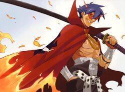  bandage blue_hair bodypaint cape duplicate glasses grin highres kamina kamina_shades katana male manly nishigori_atsushi official_art sarashi smile sunglasses sword tengen_toppa_gurren_lagann weapon 