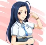  (^_^)_(pixiv198858) ahoge blue_hair glasses idolmaster long_hair miura_azusa muhi11234 necktie notebook red_eyes rough_time_school school_uniform watch wristwatch 