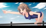  bent_over brown_eyes brown_hair one-piece_swimsuit pointing school_swimsuit sky suzumiya_haruhi suzumiya_haruhi_no_yuuutsu swimsuit yumeutarium 