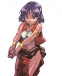  bandeau bandeau_bikini bare_shoulders blue_eyes bracelet dark_skin earrings fushigi_no_umi_no_nadia hair_ornament hairclip hands jewelry kururanabaru loincloth midriff nadia neck_ring purple_hair short_hair tubetop vest 