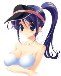  breast_hold breasts cleavage ikasoumen_riku large_breasts ponytail purple_hair swimsuit visor visor_cap 
