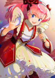  1girl absurdres alternate_costume alternate_hairstyle artist_name blue_eyes bow commentary dress frilled_dress frills frogging hair_bow hands_up highres holding holding_microphone idol idol_clothes long_hair looking_at_viewer microphone miz_mus open_mouth pink_hair ran_(urusei_yatsura) red_bow smile solo standing twitter_username urusei_yatsura white_dress wide_sleeves 