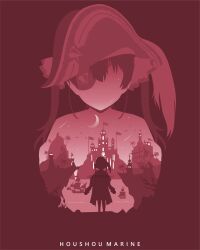  1girl absurdres artist_name castle character_name coat crescent_moon eyepatch flag highres hololive houshou_marine houshou_marine_(1st_costume) lighthouse long_hair moon multiple_views palm_tree rezami sailing_ship shooting_star silhouette star_(sky) tree twintails virtual_youtuber water watermark 