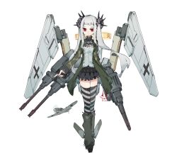  1girl absurdres aircraft airplane artist_name ascot black_ascot black_skirt blunt_bangs boots breasts closed_mouth coat dated dual_wielding expressionless frider frilled_skirt frills full_body green_coat green_jacket grey_hair grey_thighhighs gun hair_ornament highres holding holding_gun holding_weapon jacket long_hair long_sleeves looking_at_viewer mecha_musume miniskirt open_clothes open_coat original personification pleated_skirt propeller red_eyes shirt sidelocks simple_background skirt small_breasts solo standing striped_clothes striped_thighhighs tachi-e thigh-highs transparent_background twintails weapon white_background white_shirt zettai_ryouiki 
