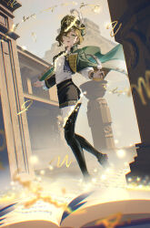  0gen3_illust 1girl :d architecture black_boots black_jacket black_shorts book boots cape drawing_on_air from_side full_body green_cape green_eyes green_hat grey_sky hair_between_eyes hat hat_feather henshin highres holding holding_quill jacket light_particles looking_at_viewer mesoamerican_architecture mole mole_under_eye newsboy_cap open_book open_mouth outdoors pillar pyramid_(structure) quill recoleta_(reverse:1999) reverse:1999 shirt short_hair short_shorts shorts single_sleeve sky smile solo standing thigh_boots white_shirt 