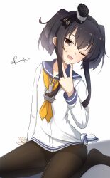 1girl anchor anchor_necklace anchor_symbol aticsanir black_hair black_pantyhose blue_sailor_collar commentary_request hat highres jewelry kantai_collection long_shirt looking_at_viewer neckerchief necklace one_eye_closed open_mouth pantyhose sailor_collar shirt short_hair short_hair_with_long_locks sitting tied_shirt tokitsukaze_(kancolle) twitter_username v yellow_neckerchief