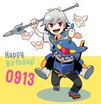  1boy carrying chibi eva_06 grey_hair lance mass_production_eva mecha nagisa_kaworu neon_genesis_evangelion petit_eva:_evangelion@school polearm red_eyes shoulder_carry sinkobo weapon 