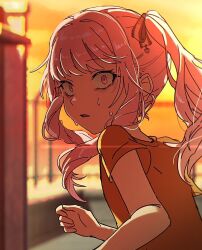  1other akiyama_mizuki commentary_request hair_ribbon keikyoku_no_machi_wa_doko_e_(project_sekai) lens_flare long_sidelocks looking_back open_mouth pink_eyes pink_hair project_sekai ribbon scene_reference shirt side_ponytail sidelocks sunset swept_bangs wado84692 wide-eyed yellow_shirt 