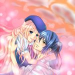  1girl blonde_hair blue_eyes blue_hair couple earrings hug jewelry long_hair macross macross_frontier saotome_alto sheryl_nome tears 