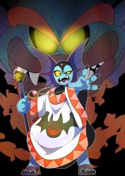  10_nosukeuma 2boys aqua_scales black_background black_nails black_shirt blue_eyes blue_skin colored_sclera colored_skin commentary_request dragon dragon_quest dragon_quest_ii fangs fingernails fins floating_clothes floating_neckwear forehead_jewel full_body gem gladiator_sandals glowing glowing_eyes hargon head_fins highres holding holding_staff jewelry mage_staff male_focus monster monster_boy multiple_boys necklace no_pupils open_mouth orange_background poncho red_gemstone sandals sharp_fingernails sharp_teeth sharp_toenails shirt sidoh size_difference staff teeth toenails two-tone_background widow's_peak yellow_eyes yellow_sclera 