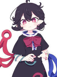  1girl absurdres ahoge asymmetrical_wings black_dress black_hair blue_wings bow bowtie bright_pupils center_frills commentary dress frills highres houjuu_nue kame_(kamepan44231) nail_polish red_bow red_bowtie red_eyes red_nails red_wings short_hair short_sleeves snake solo touhou upper_body white_pupils wings 