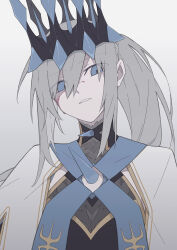  1girl aww_(pixiv4034890) blue_eyes crown fate/grand_order fate_(series) grey_hair hair_between_eyes highres long_hair looking_at_viewer morgan_le_fay_(fate) morgan_le_fay_(queen_of_winter)_(fate) ponytail simple_background solo spikes 